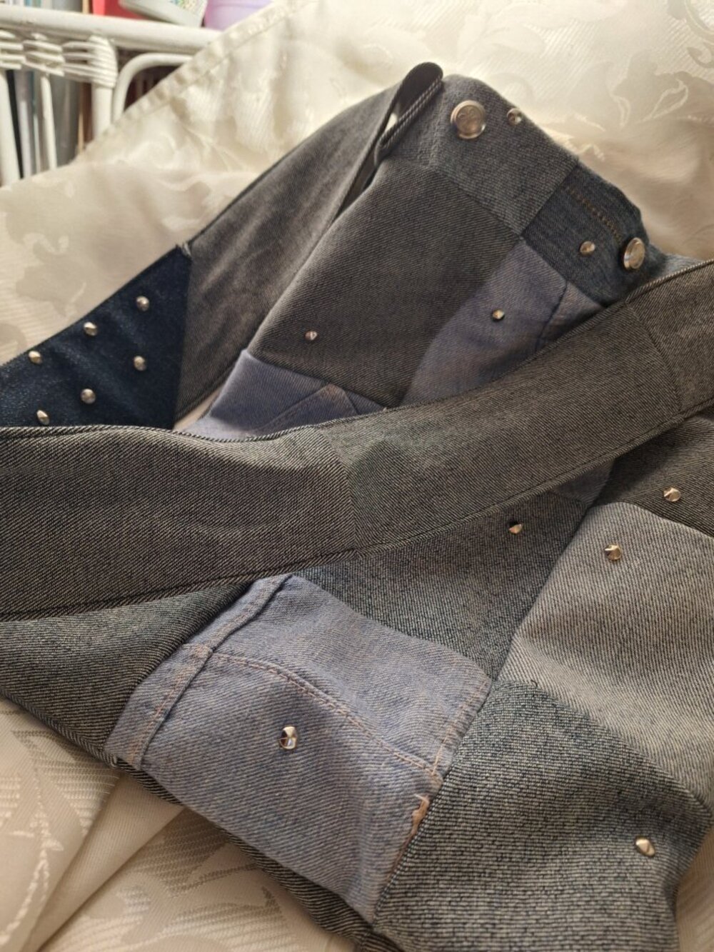 One-of-a-Kind Vintage Denim Patchwork Studded Tote Bag